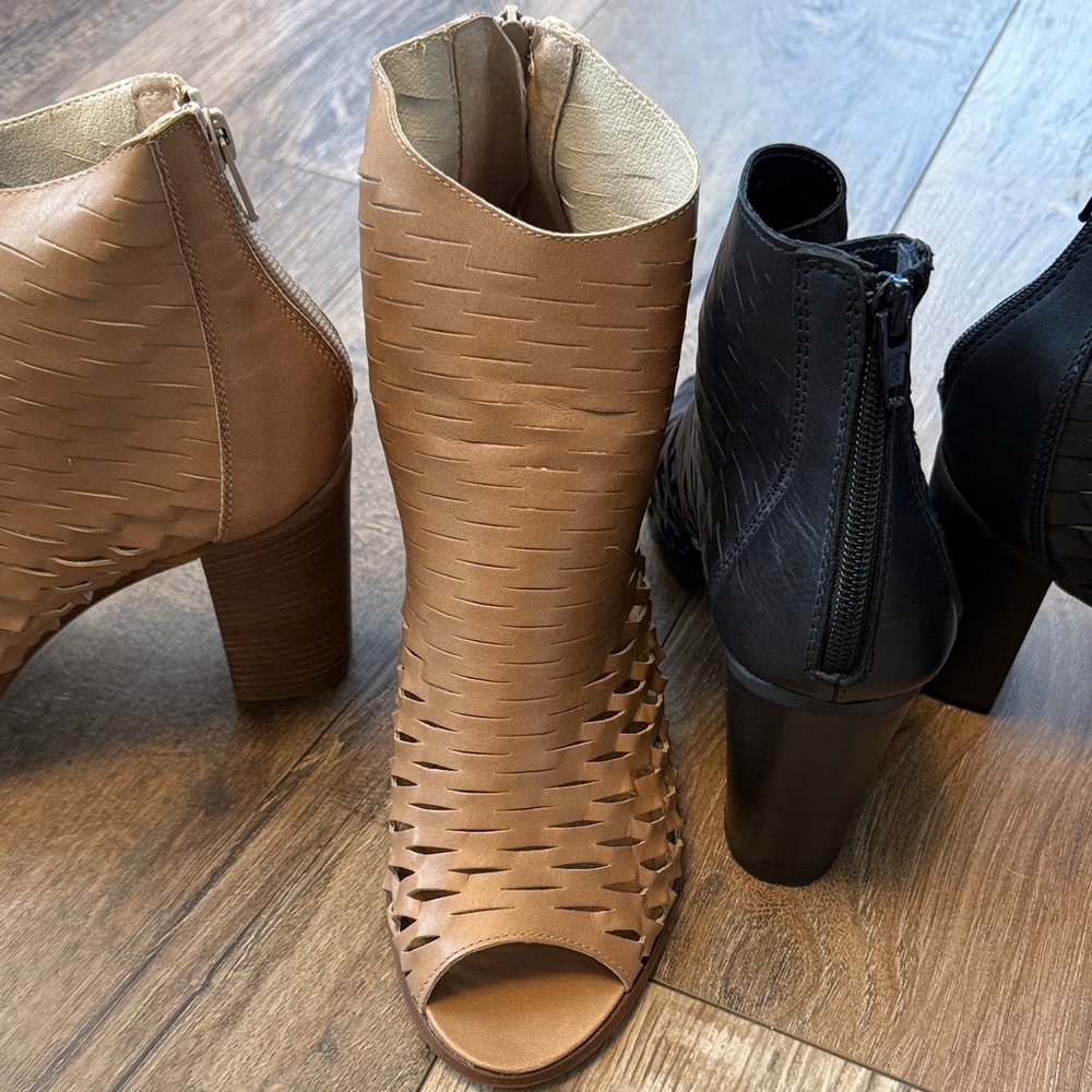 Tan and Black Peep-Toe Ankle Boots
